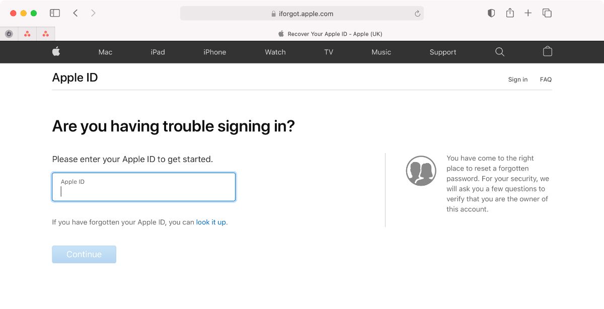 iForgot website in Safari on Mac