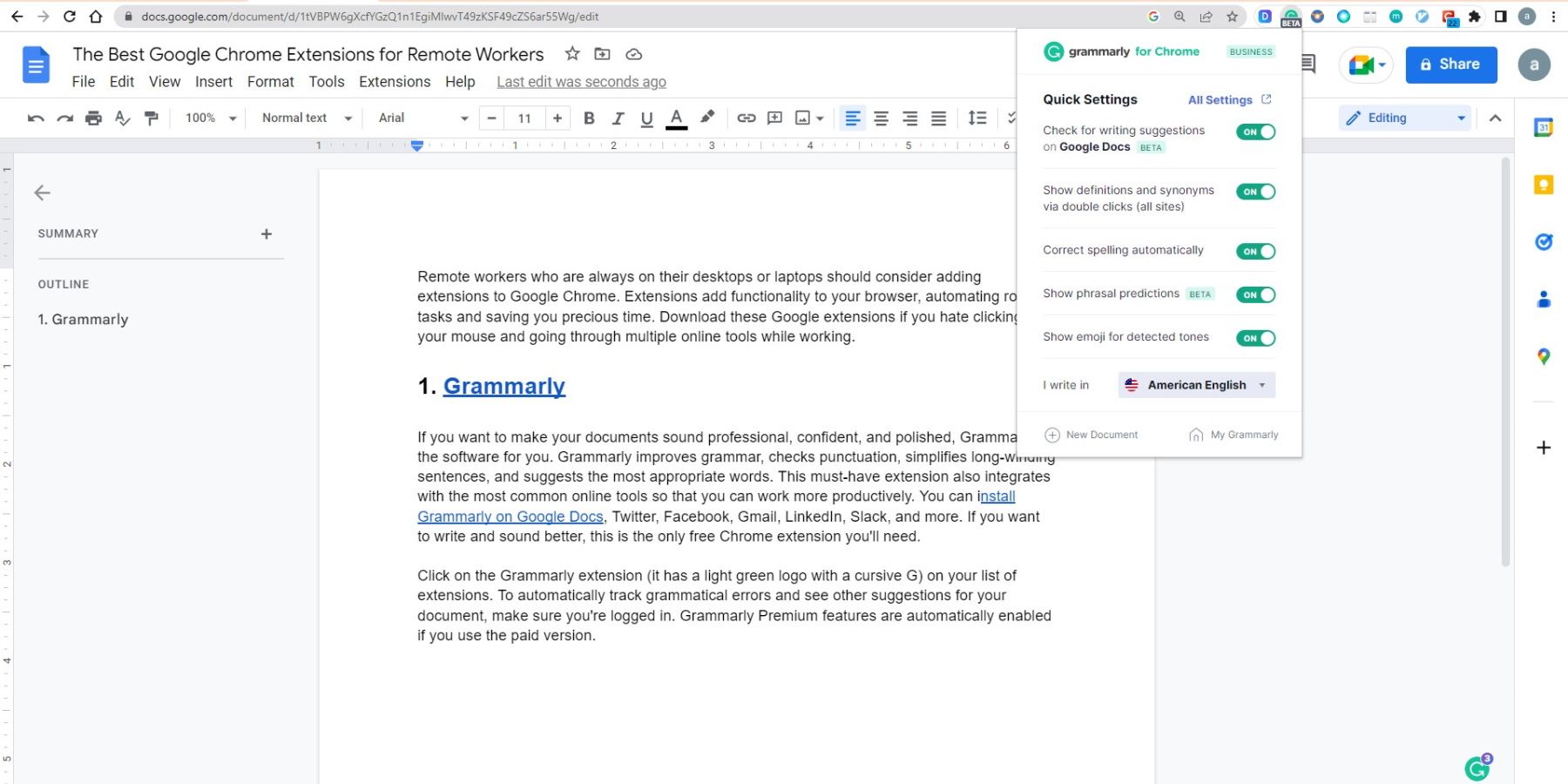 Grammarly Google Chrome Extension Screenshot