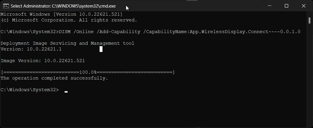 wireless display install command prompt successfull