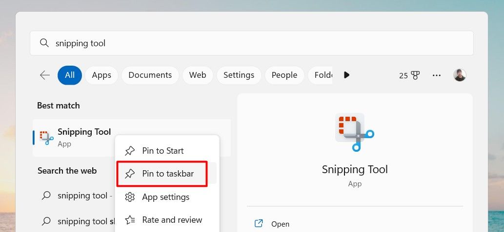 Pin Snipping tool toTaskbar