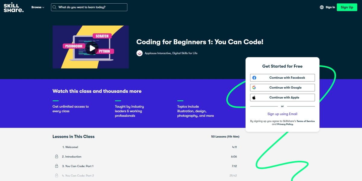 Coding for Beginners Skillshare homepage