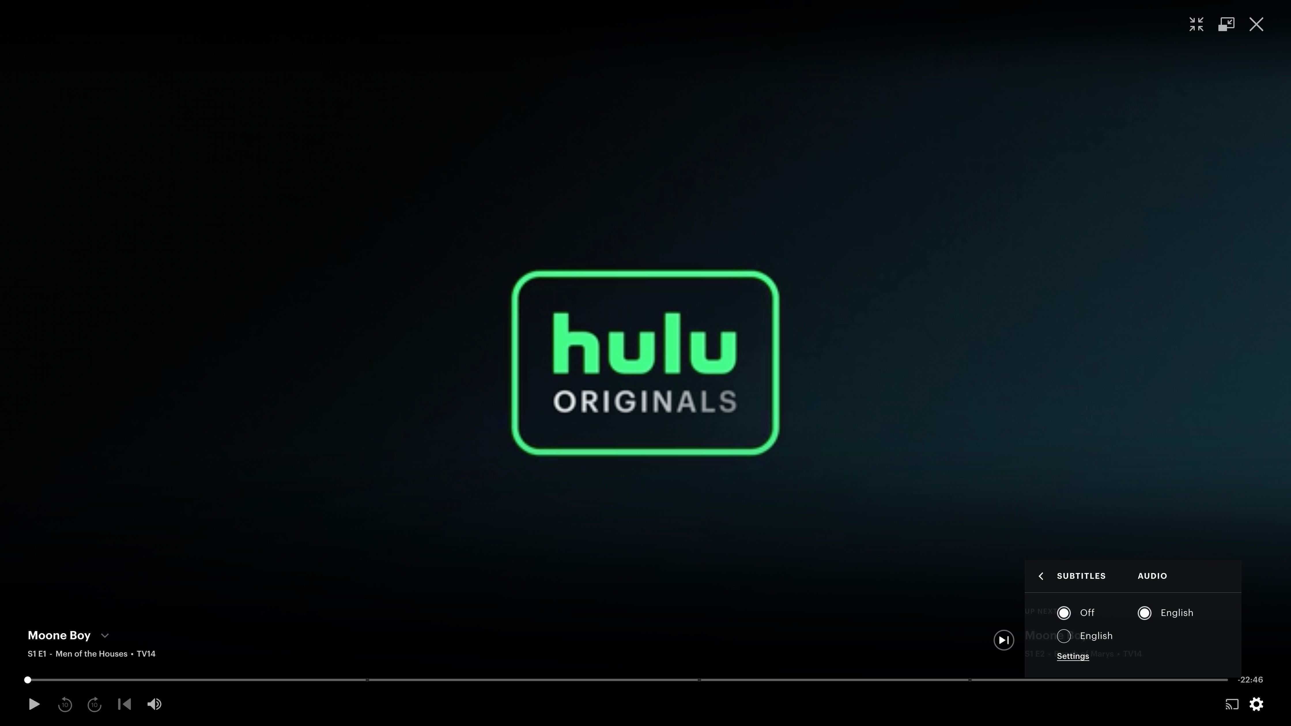 Hulu Subtitle Menu with English selected