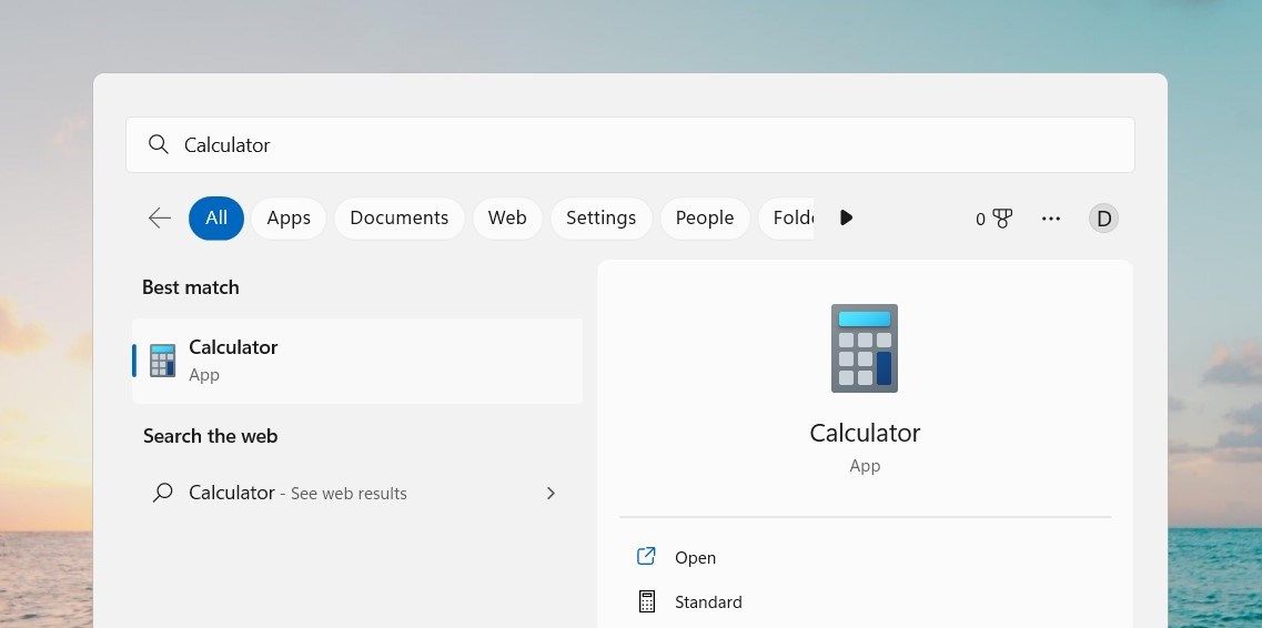 使用 Windows 搜索打開計算器