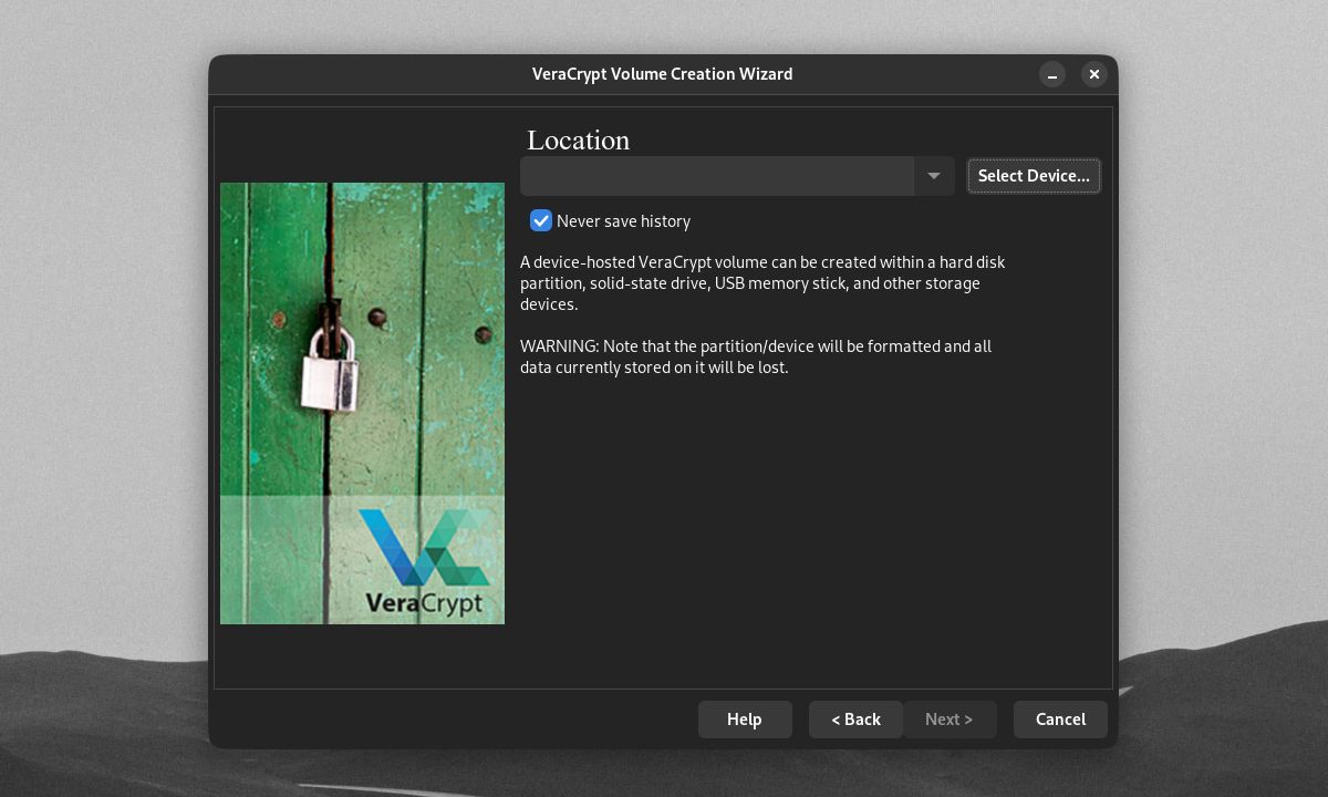 VeraCrypt 加密卷創建嚮導提示選擇驅動器/分區位置