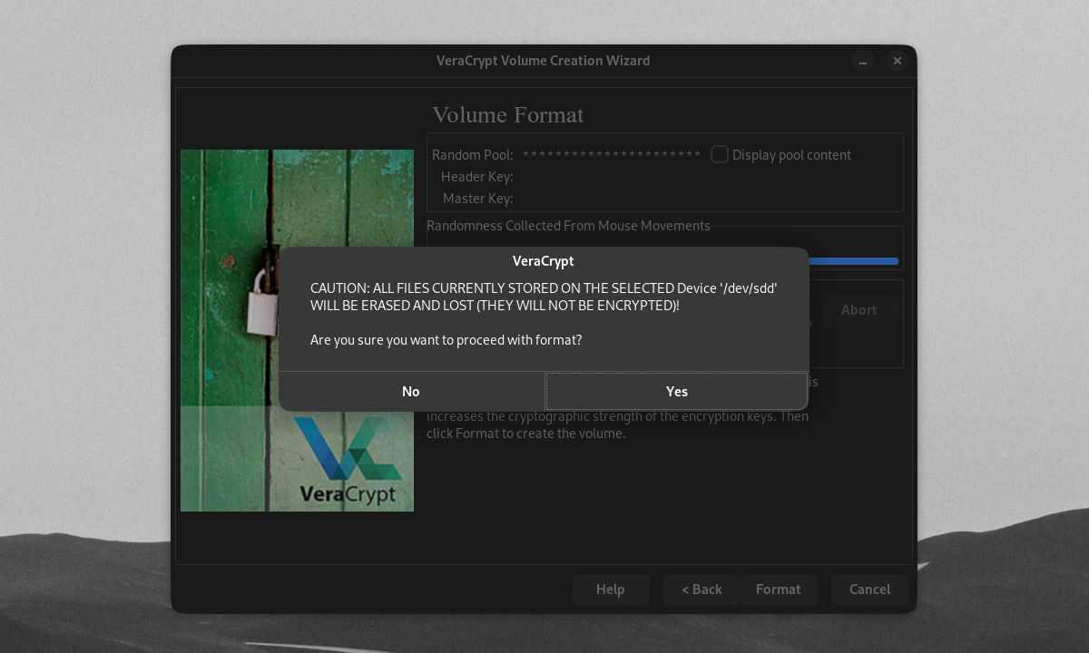 VeraCrypt 關於格式化驅動器/分區的警告彈出窗口