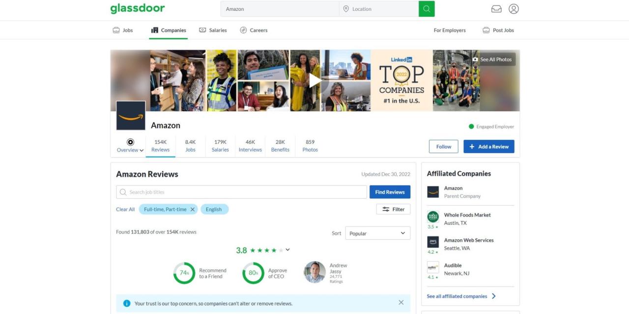 Glassdoor 網站打開亞馬遜評論頁面
