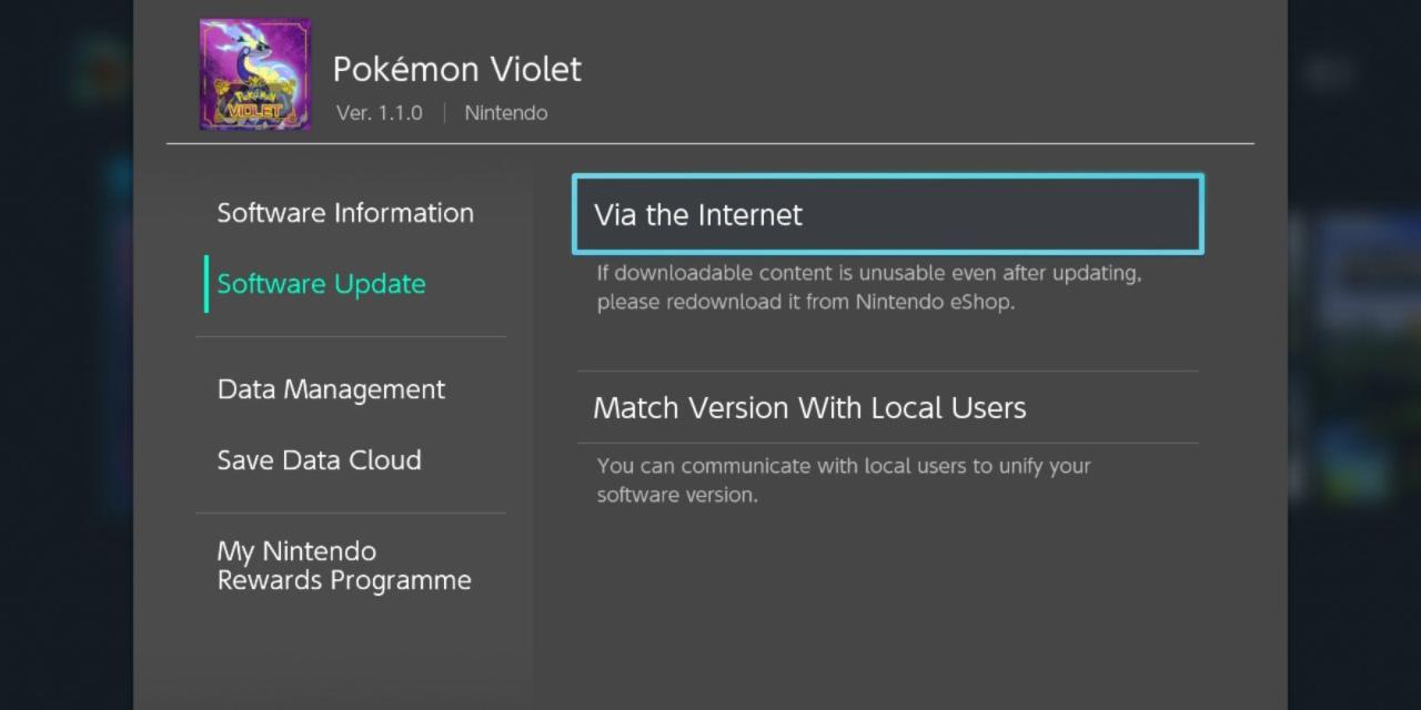 Pokemon Scarlet and Violet Software Update Menu Via the Internet