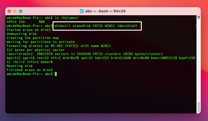 將 USB 格式化為 MS-DOS FAT32 Mac 終端